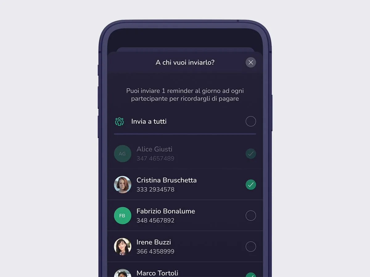Schermata della funzionalità dell'app di Flowe. Dettaglio della richiesta dei soldi ai contatti in rubrica.