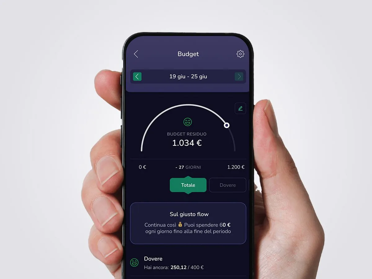 Schermat della funzionalità budget dell'app di Flowe