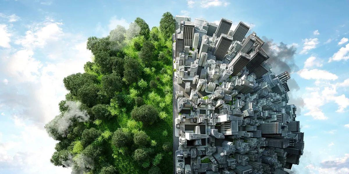 rappresentazione del mondo suddiviso tra parte green (quindi alberi e natura) e parte business (quindi smog, grattacieli)