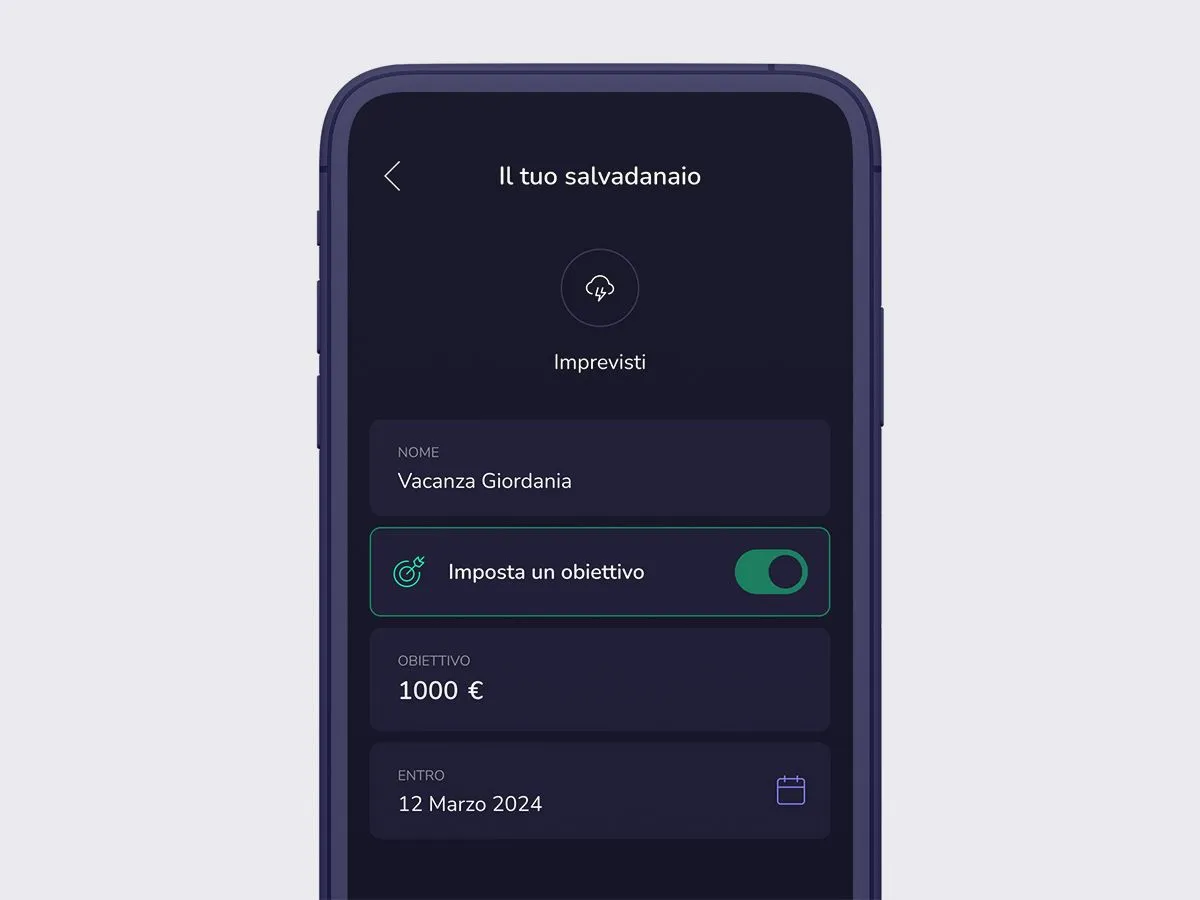 Schermata del salvadanaio digitale dell'app di flowe, imposta obiettivi di risparmio per imprevisti