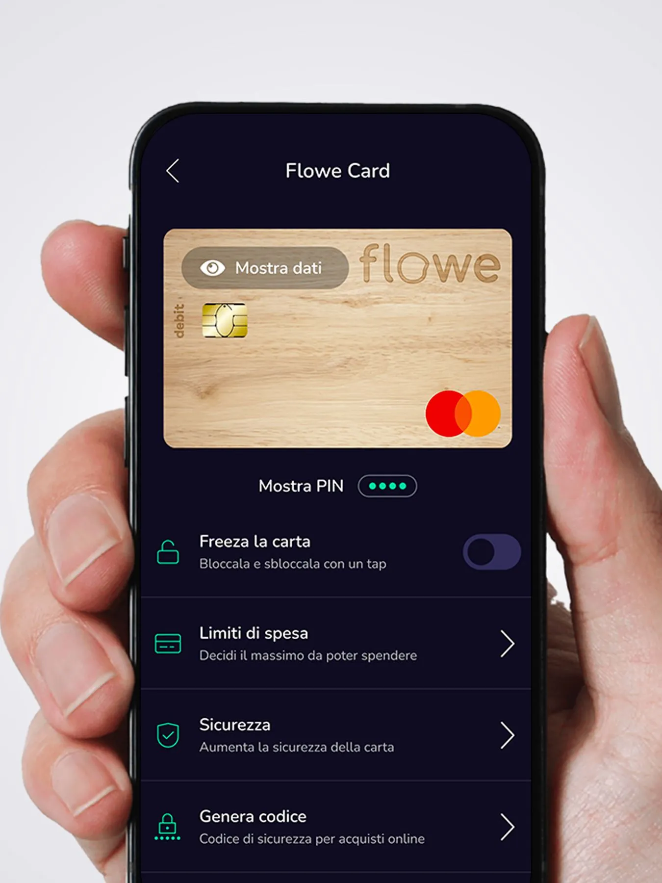 Schermata smartphone dell'app di flowe con dettaglio carta in legno